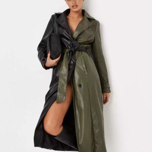 khaki spliced faux leather belted trench coat